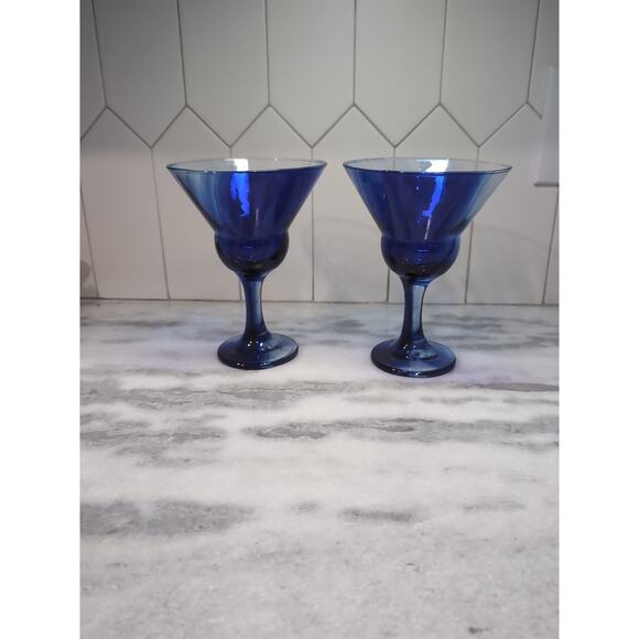 Libbey XL Cobalt Blue Martini Glass, Margarita‎ Set, Swirl Marbelique, Set Of 2 - Picture 1 of 9